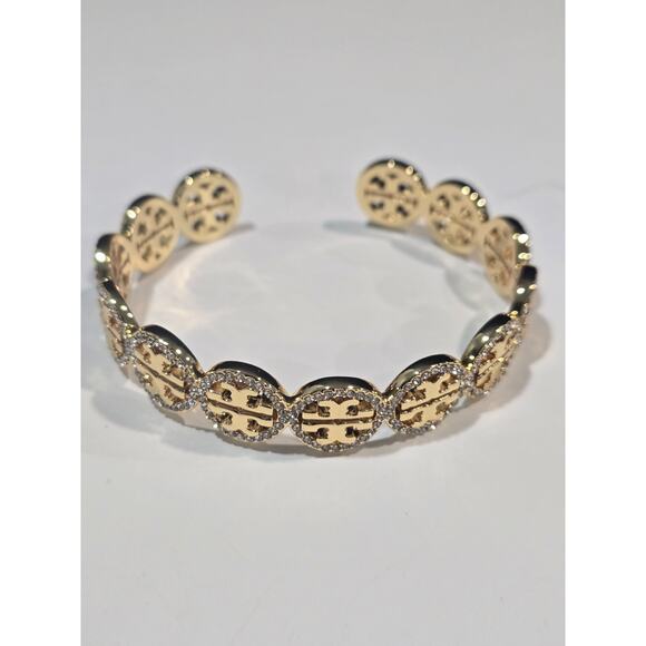 Tory Burch Miller Gold Pave Cuff Bracelet Double TB Logo - Adjustable - Picture 1 of 5